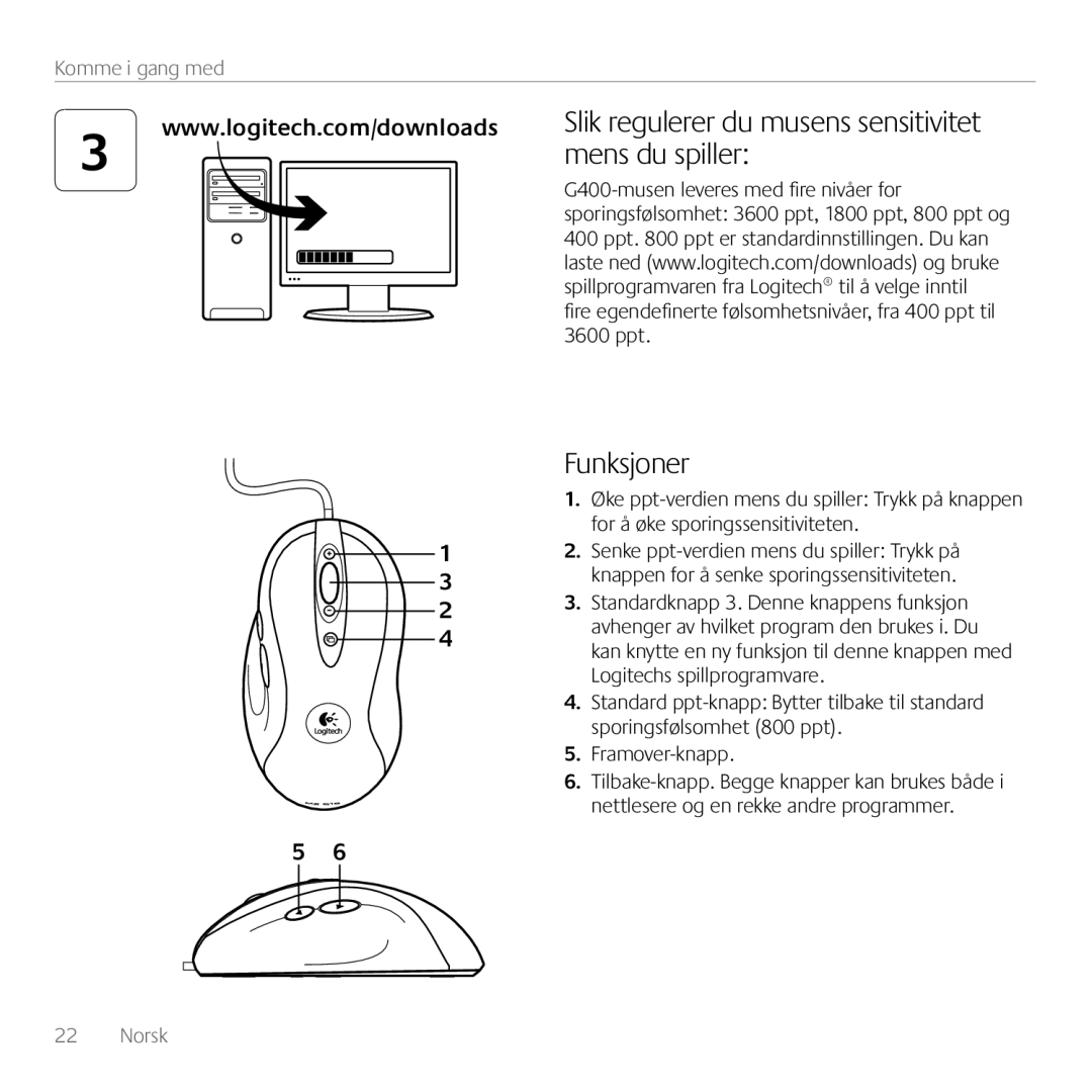 Logitech G400 manual Mens du spiller, Funksjoner 