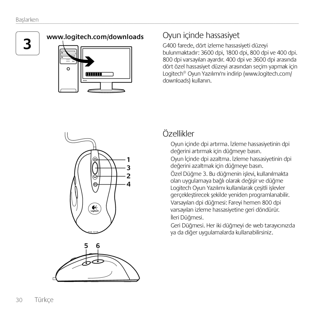 Logitech G400 manual Oyun içinde hassasiyet Özellikler, İleri Düğmesi 