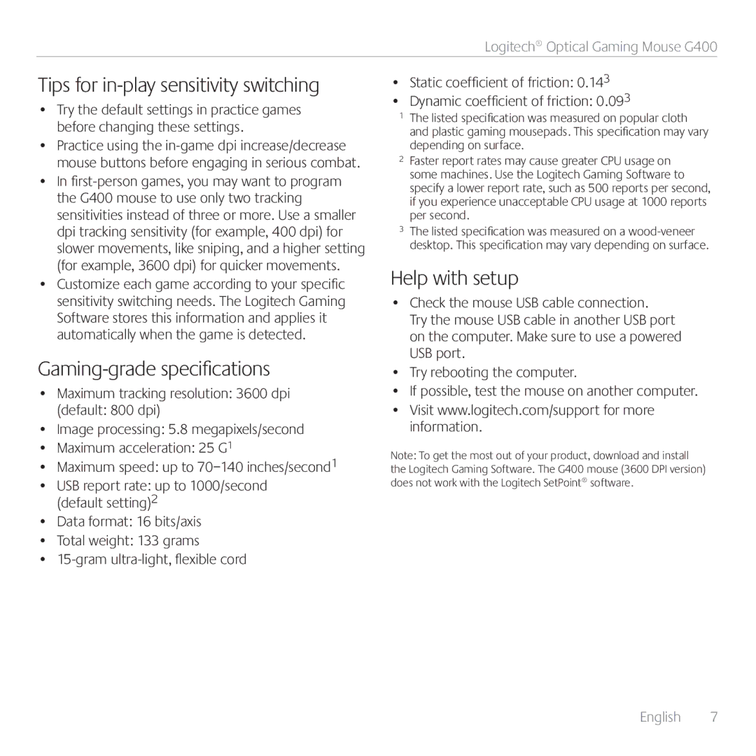 Logitech G400 manual Tips for in-play sensitivity switching, Gaming-grade specifications, Help with setup 