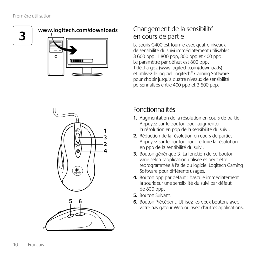Logitech G400 manual en cours de partie, Fonctionnalités, Changement de la sensibilité, Première utilisation, Français 