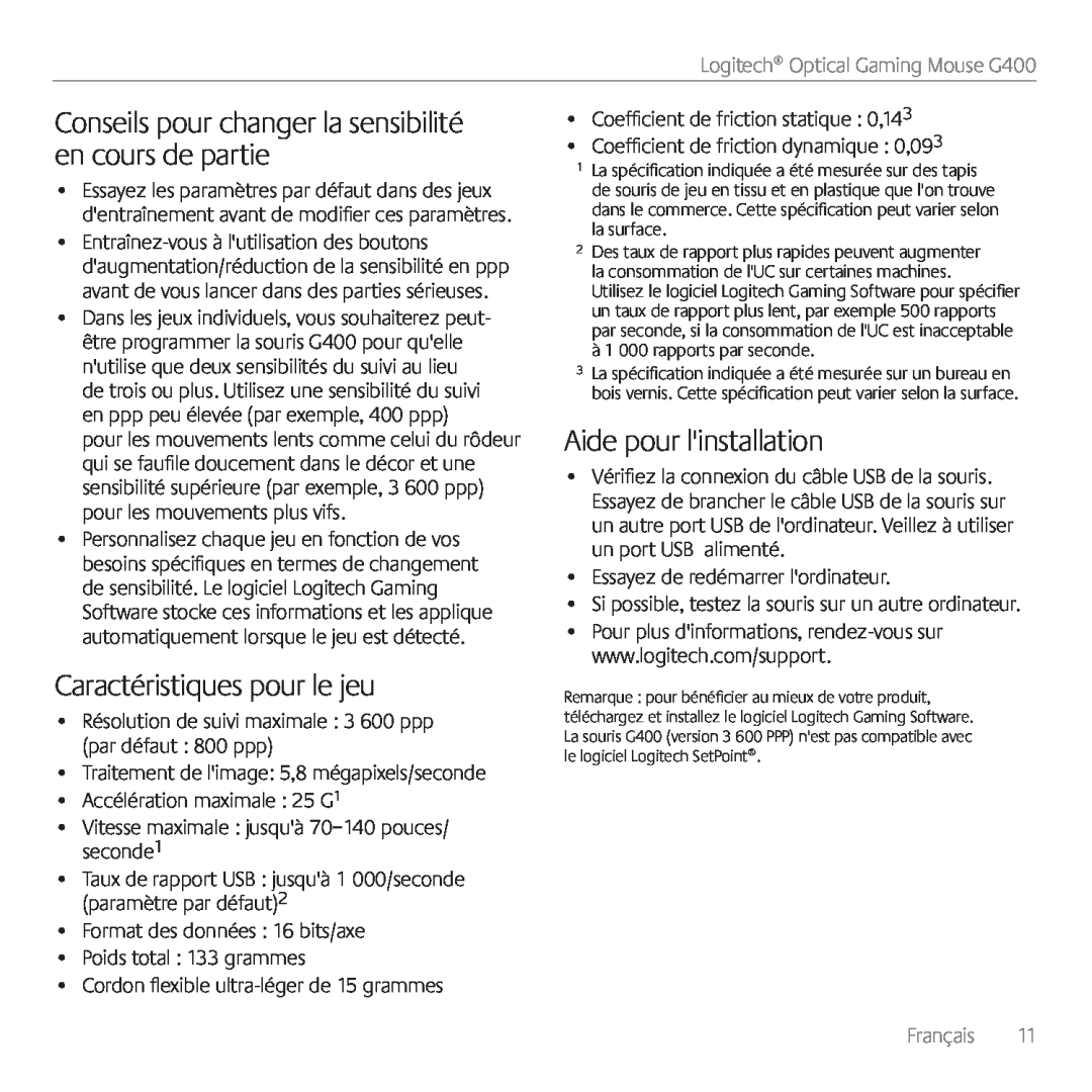 Logitech G400 manual Conseils pour changer la sensibilité en cours de partie, Caractéristiques pour le jeu, Français 