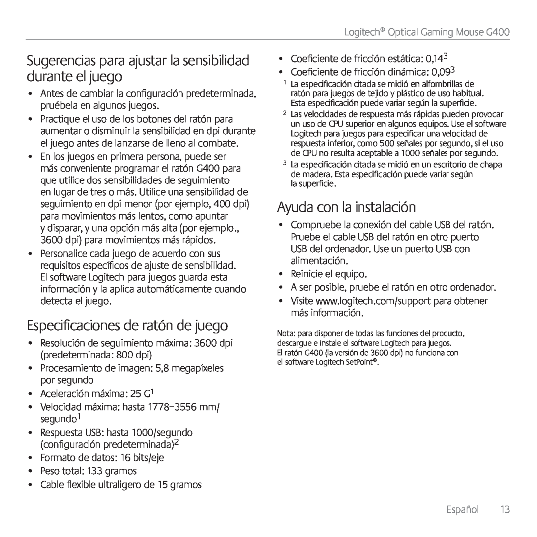 Logitech G400 manual Sugerencias para ajustar la sensibilidad durante el juego, Especificaciones de ratón de juego, Español 