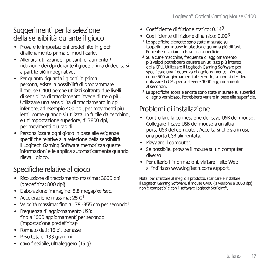 Logitech manual Specifiche relative al gioco, Problemi di installazione, Italiano, Logitech Optical Gaming Mouse G400 