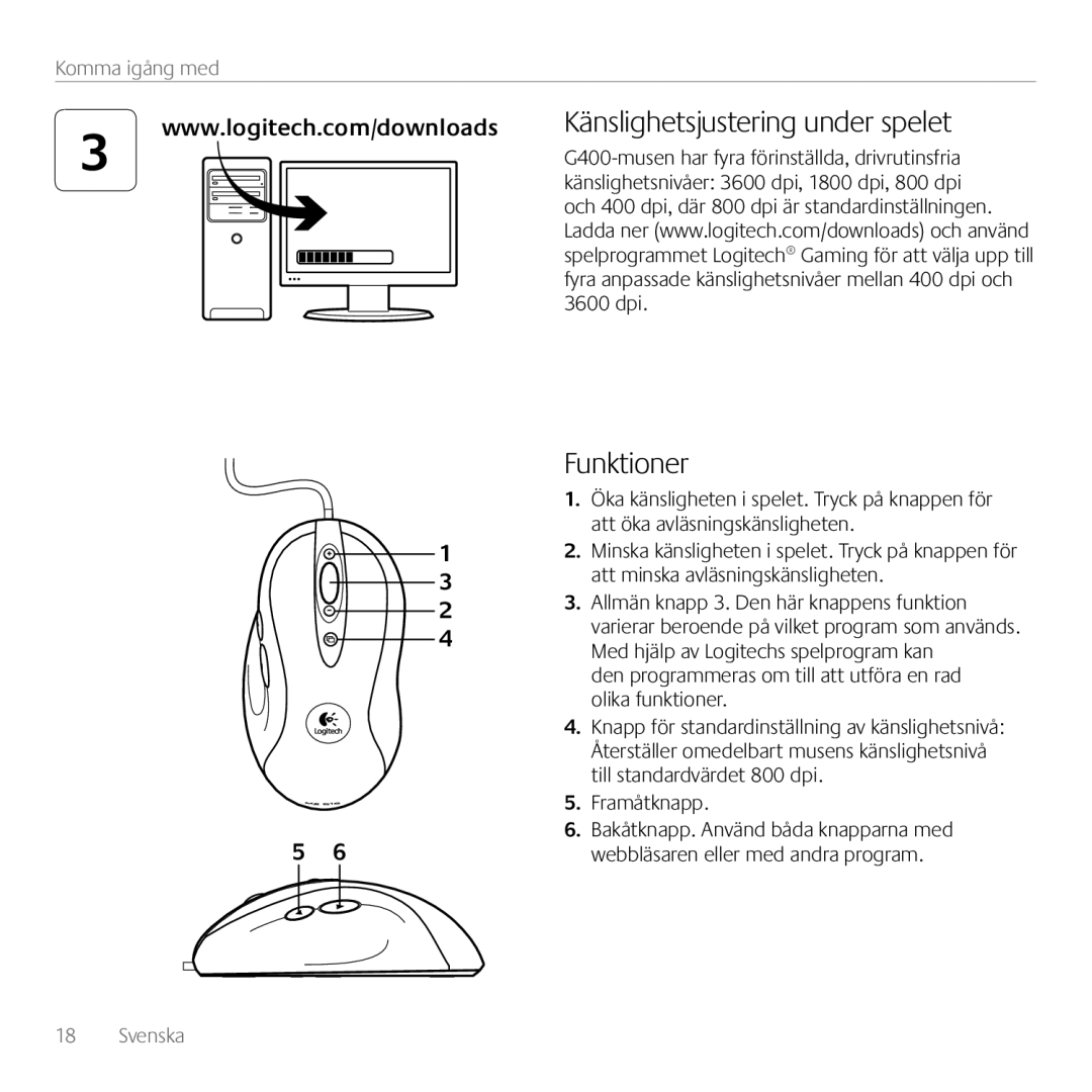 Logitech G400 manual Funktioner, Känslighetsjustering under spelet, Komma igång med, Svenska 