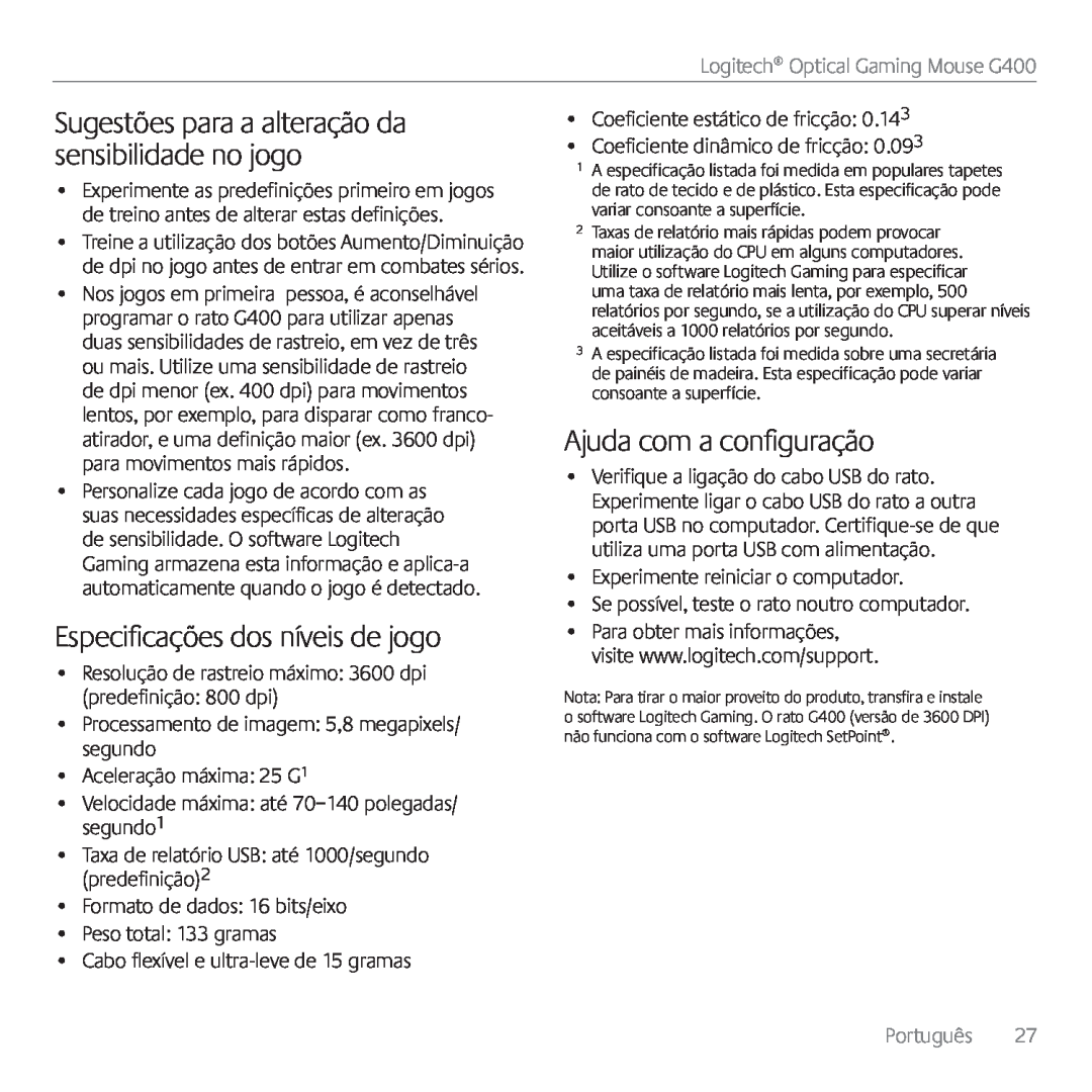 Logitech G400 manual Sugestões para a alteração da sensibilidade no jogo, Especificações dos níveis de jogo, Português 