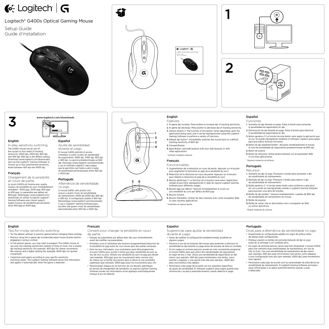 Logitech G400s setup guide Features, English Español, In-play sensitivity switching Ajuste de sensibilidad, Français 