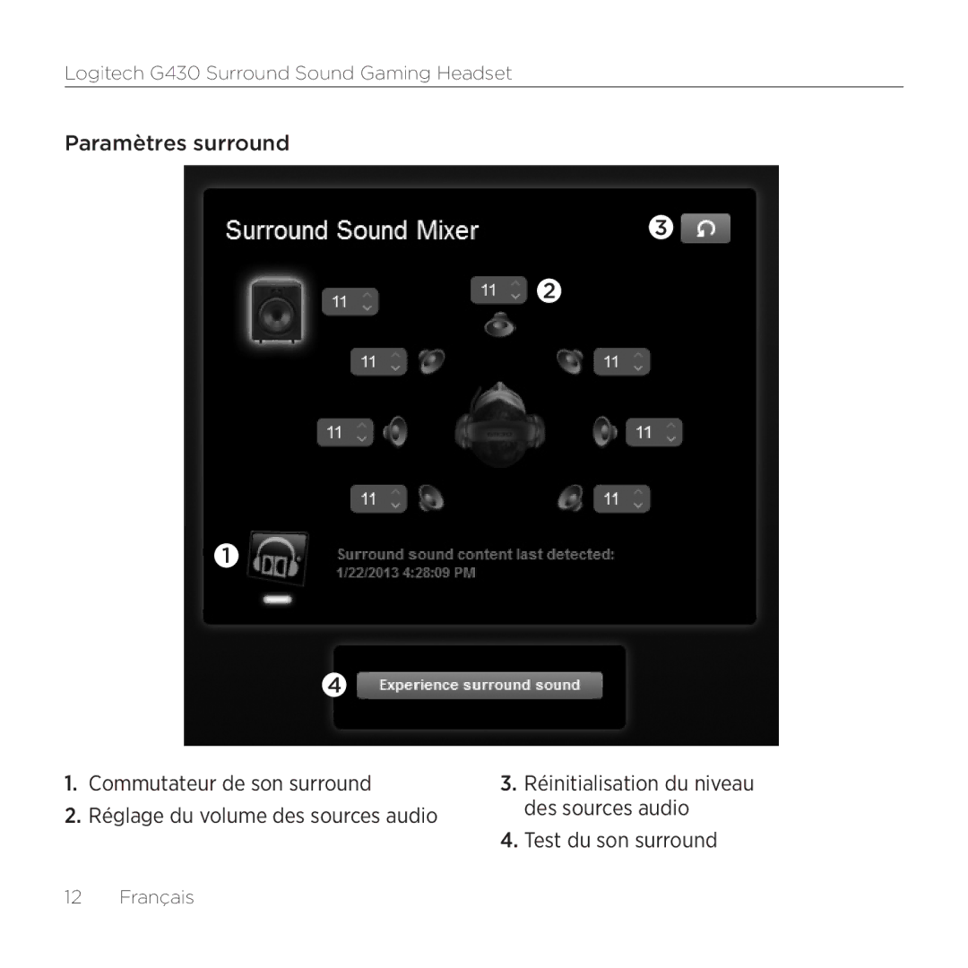 Logitech G430 setup guide Paramètres surround Commutateur de son surround 