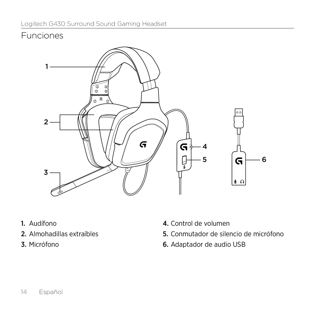 Logitech G430 setup guide Funciones 