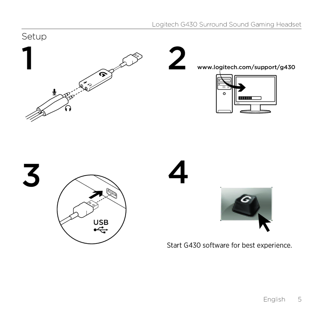 Logitech G430 setup guide Setup, Usb 