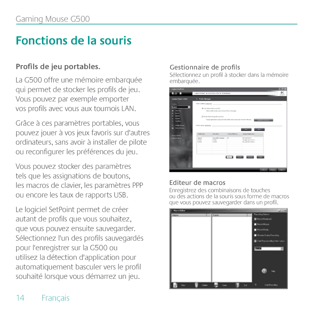 Logitech G500 manual Fonctions de la souris, Profils de jeu portables, Gestionnaire de profils, Editeur de macros 