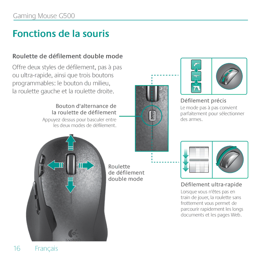 Logitech G500 manual Roulette de défilement double mode, La roulette gauche et la roulette droite, Défilement ultra-rapide 