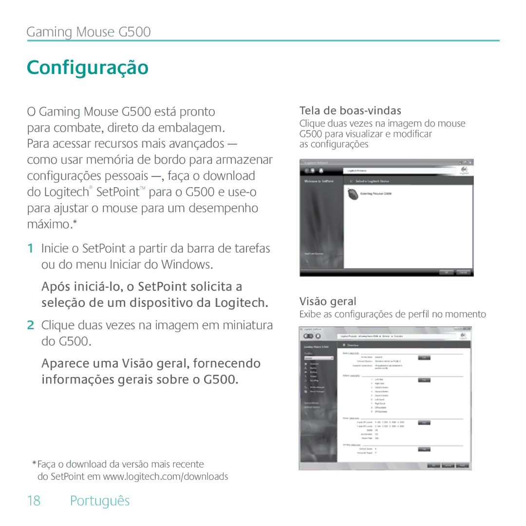 Logitech manual Configuração, Clique duas vezes na imagem em miniatura do G500, Tela de boas-vindas, Visão geral 