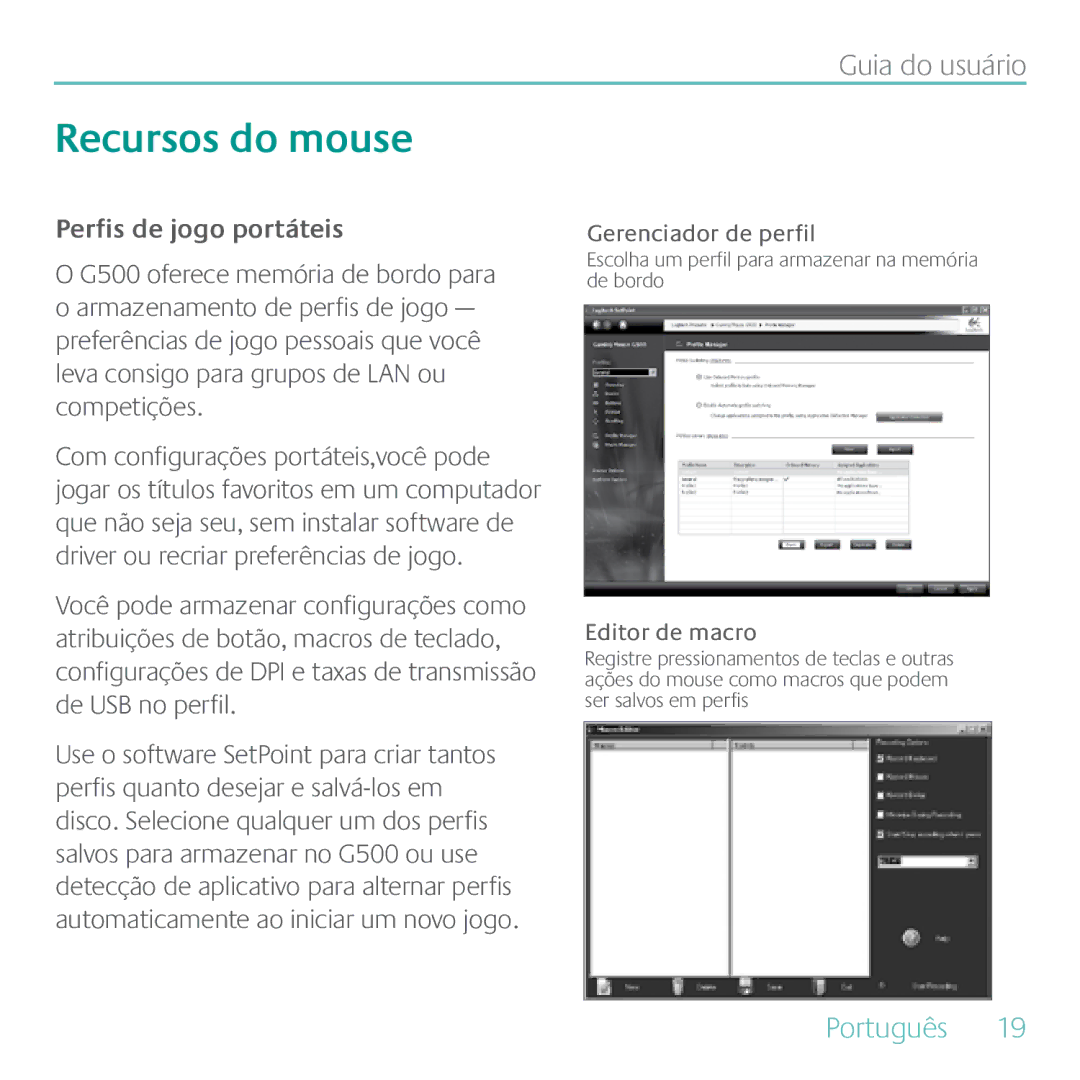 Logitech G500 manual Recursos do mouse, Perfis de jogo portáteis, Editor de macro 