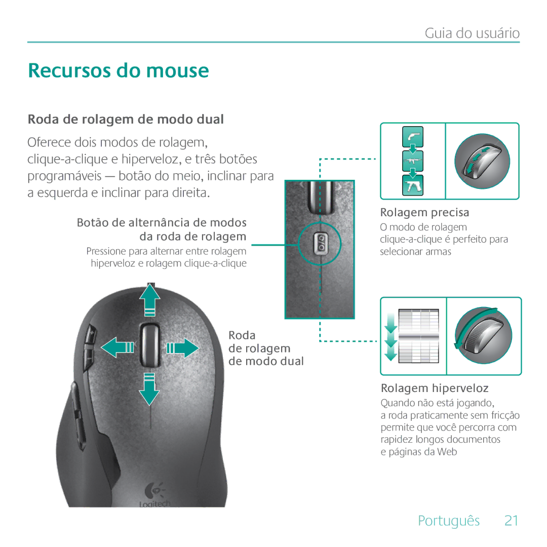 Logitech G500 manual Roda de rolagem de modo dual, Roda De rolagem de modo dual Rolagem precisa, Rolagem hiperveloz 