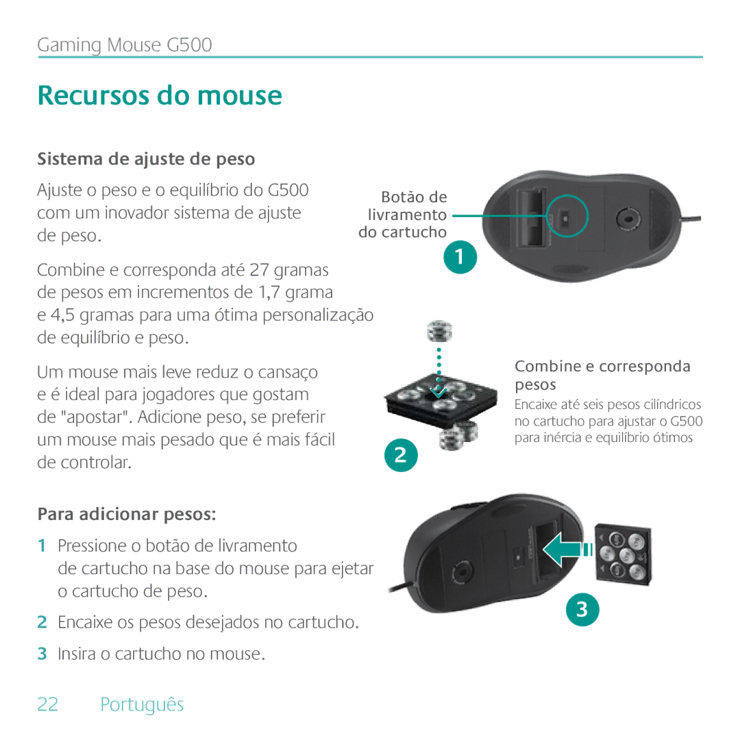 Logitech Sistema de ajuste de peso, Ajuste o peso e o equilíbrio do G500, Com um inovador sistema de ajuste, De peso 