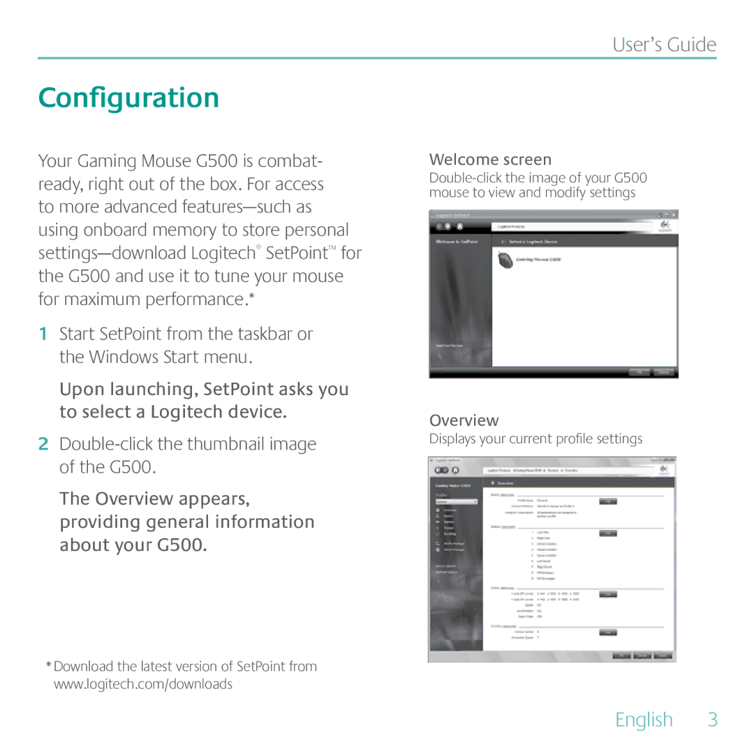 Logitech G500 manual Configuration, Welcome screen, Overview 