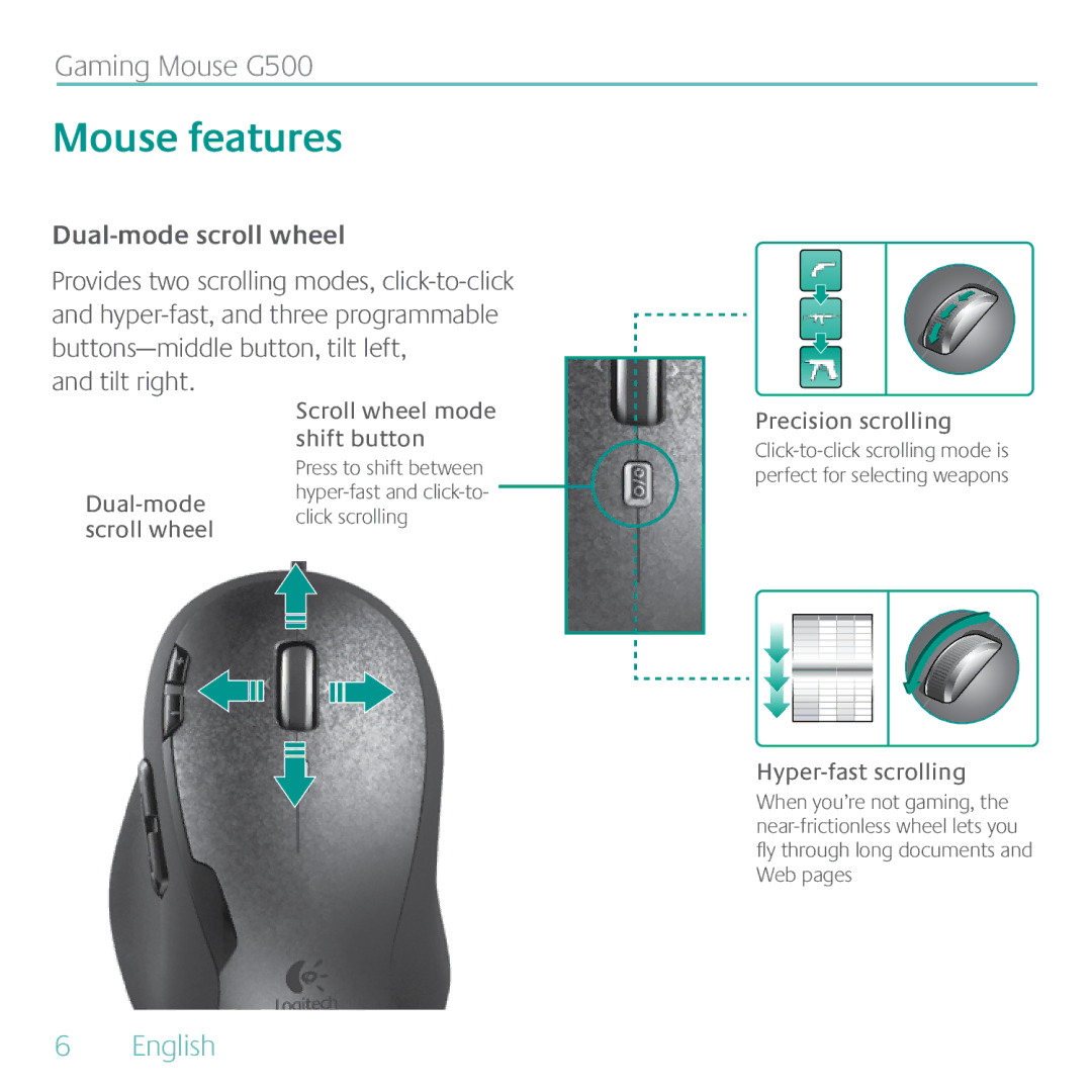 Logitech G500 manual Tilt right, Dual-mode scroll wheel Scroll wheel mode shift button, Precision scrolling 