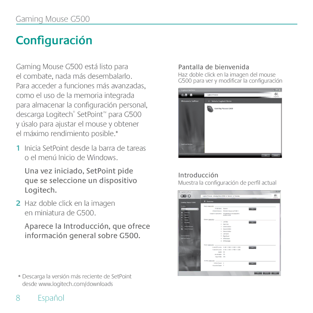 Logitech manual Configuración, Haz doble click en la imagen en miniatura de G500, Pantalla de bienvenida, Introducción 