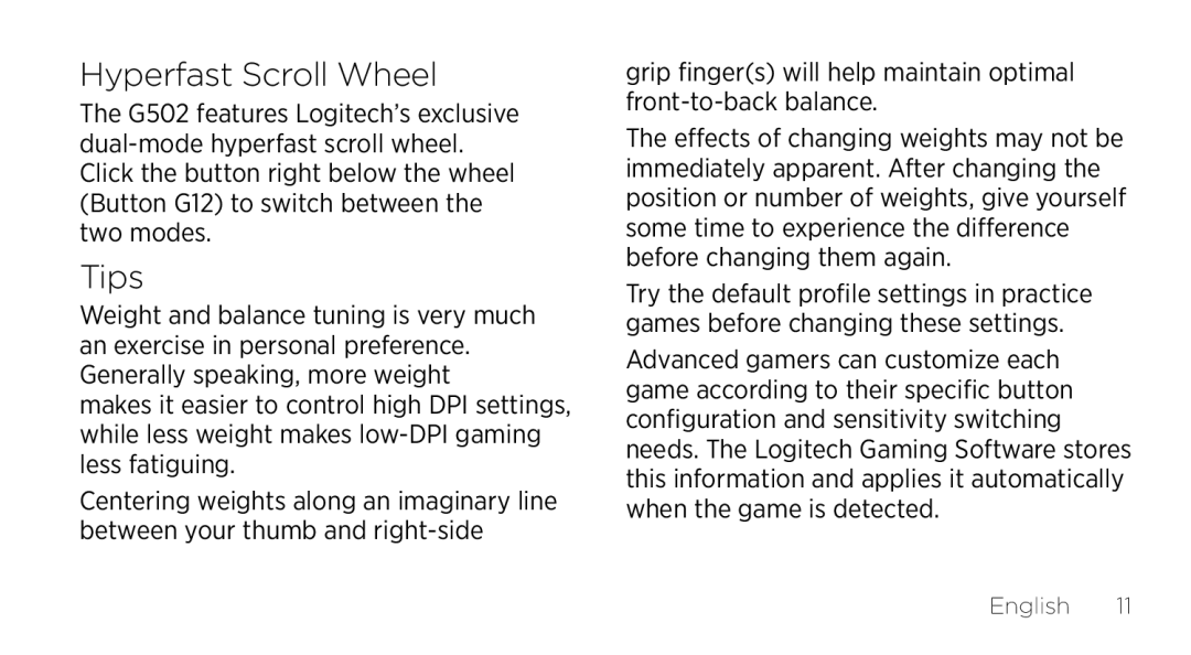 Logitech G502 setup guide Hyperfast Scroll Wheel, Tips 