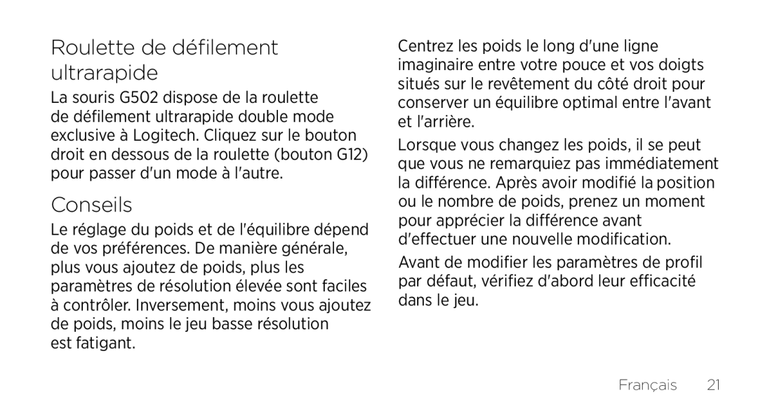 Logitech G502 setup guide Roulette de défilement ultrarapide, Conseils 