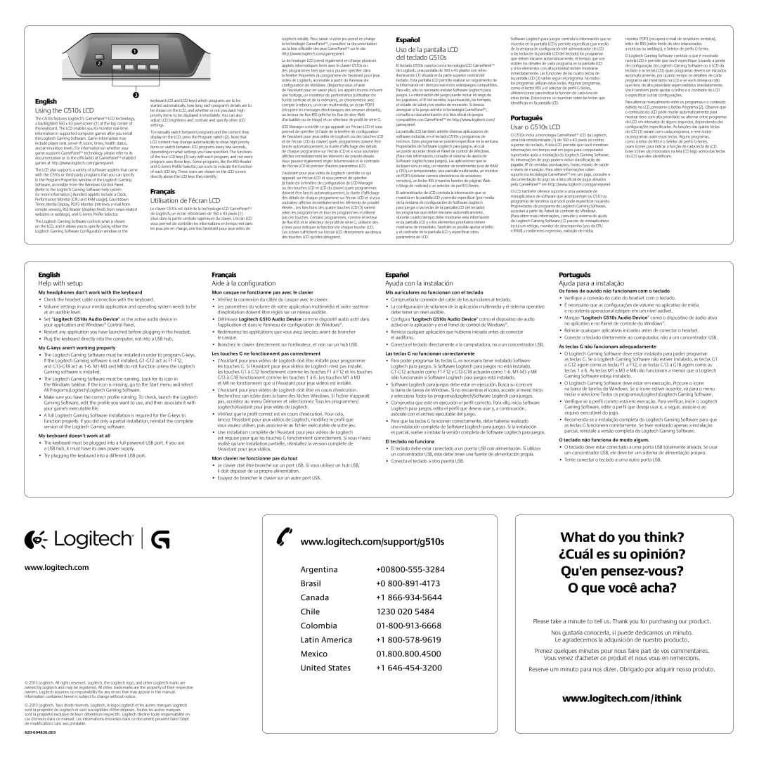 Logitech Using the G510s LCD, Utilisation de lécran LCD, Usar o G510s LCD, Help with setup, Aide à la configuration 