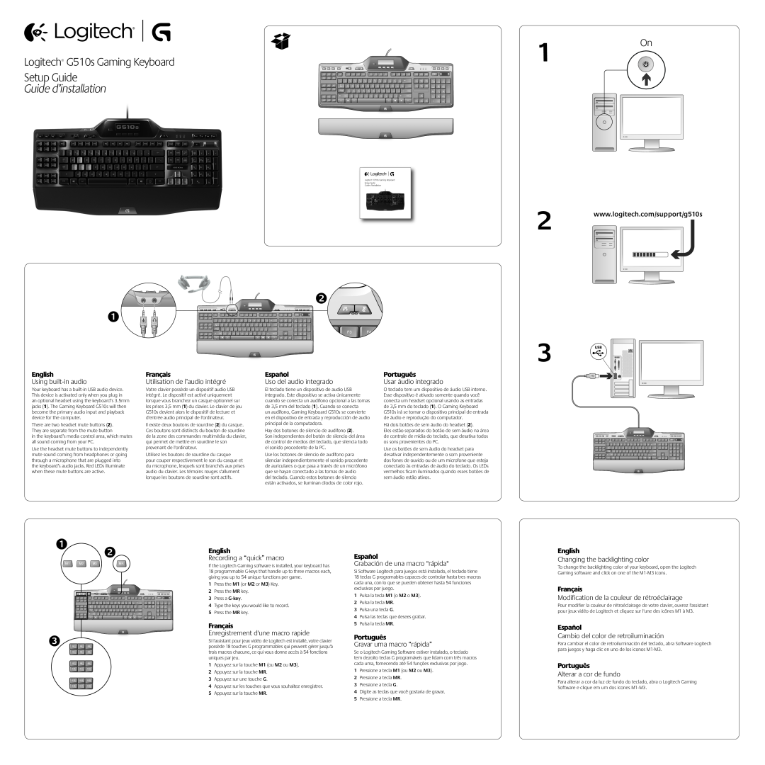 Logitech setup guide 1 On, Setup Guide, Guide d’installation, Logitech G510s Gaming Keyboard 