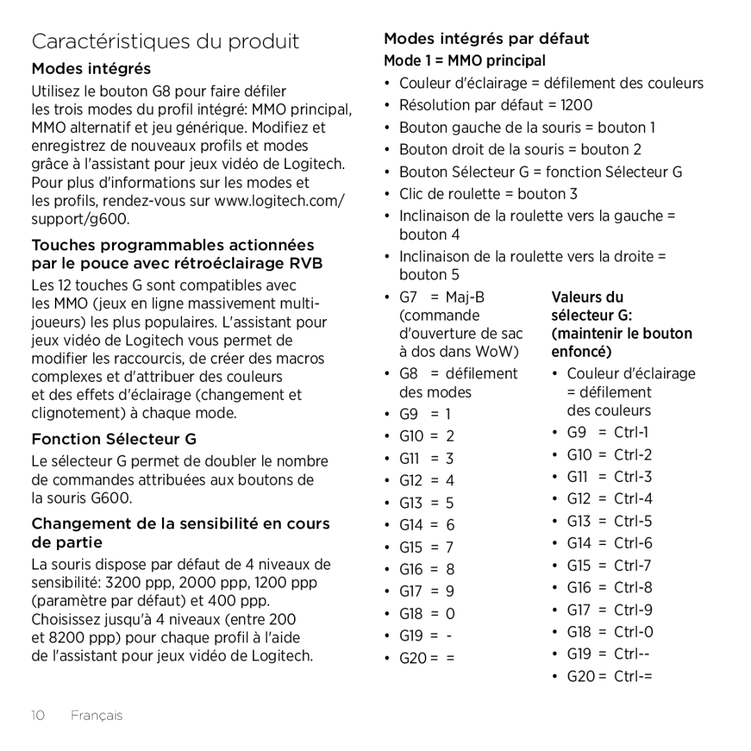 Logitech G600 setup guide Caractéristiques du produit 