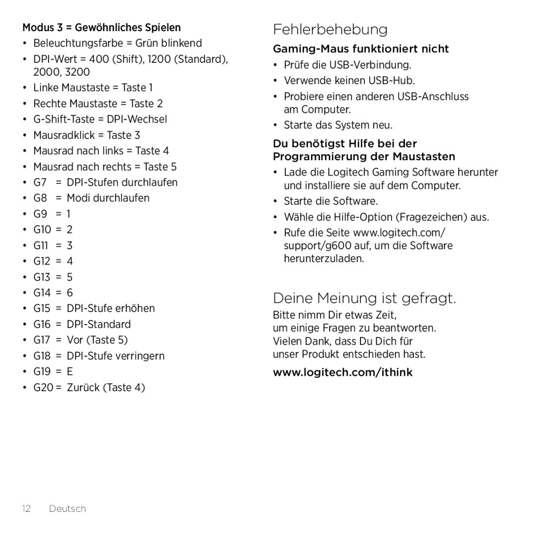 Logitech G600 manual Fehlerbehebung, Deine Meinung ist gefragt 