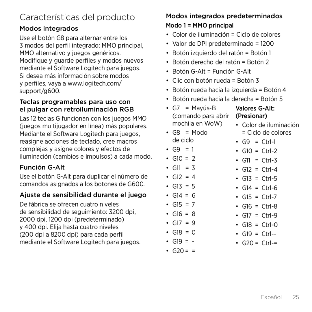 Logitech G600 manual Características del producto 