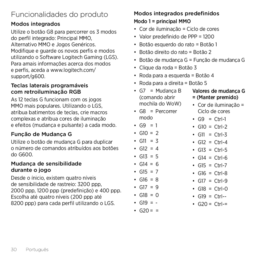 Logitech G600 manual Funcionalidades do produto 