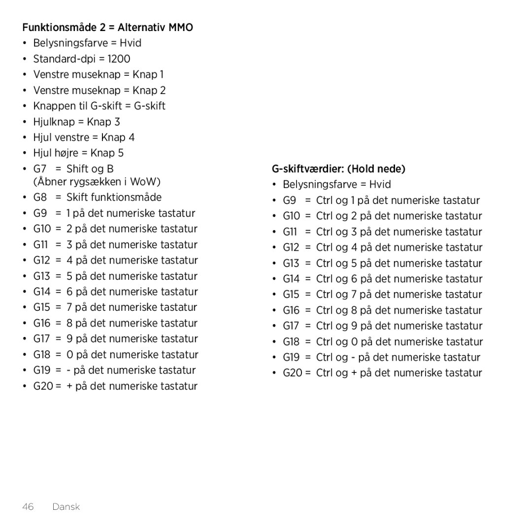 Logitech G600 manual Dansk 