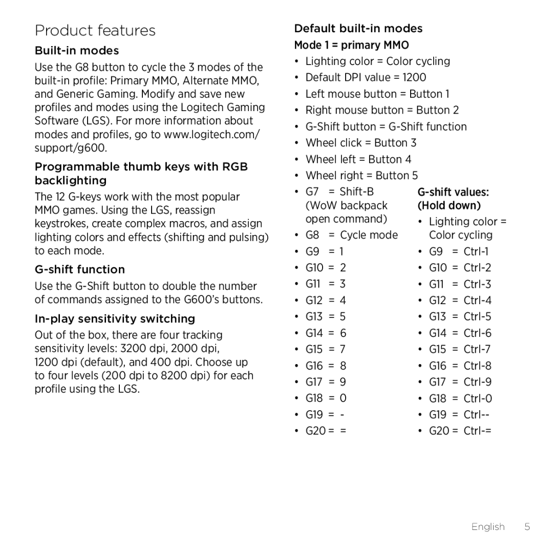 Logitech G600 manual Product features 