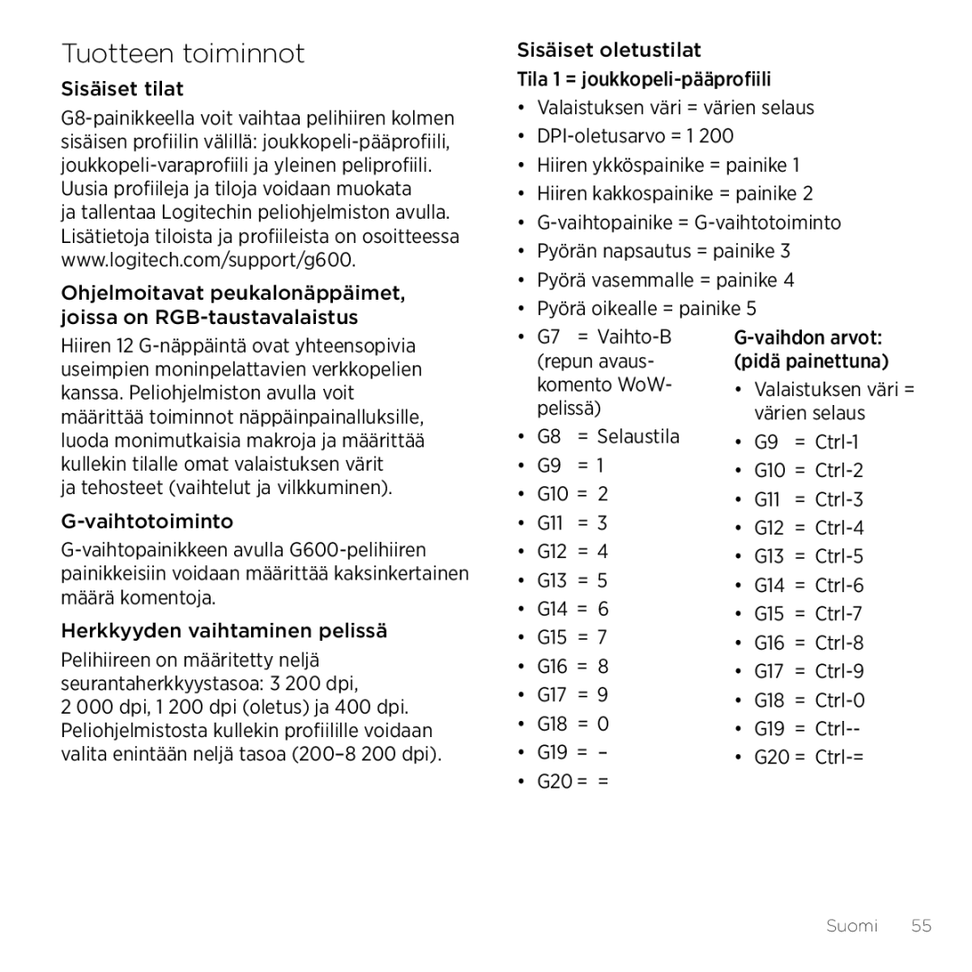 Logitech G600 manual Tuotteen toiminnot 