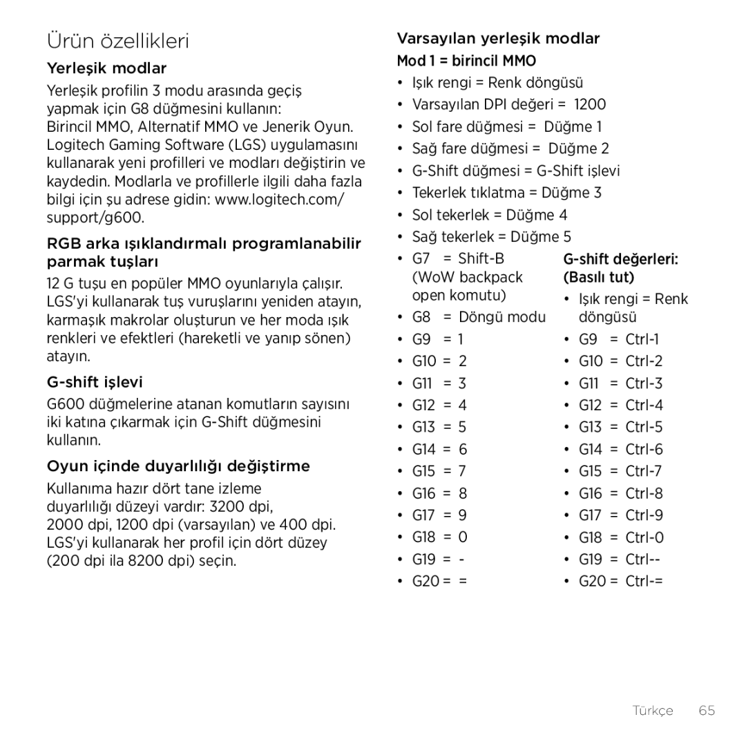 Logitech G600 manual Ürün özellikleri 