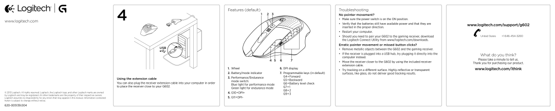 Logitech G602 setup guide Features default, Troubleshooting, What do you think?, Usb 