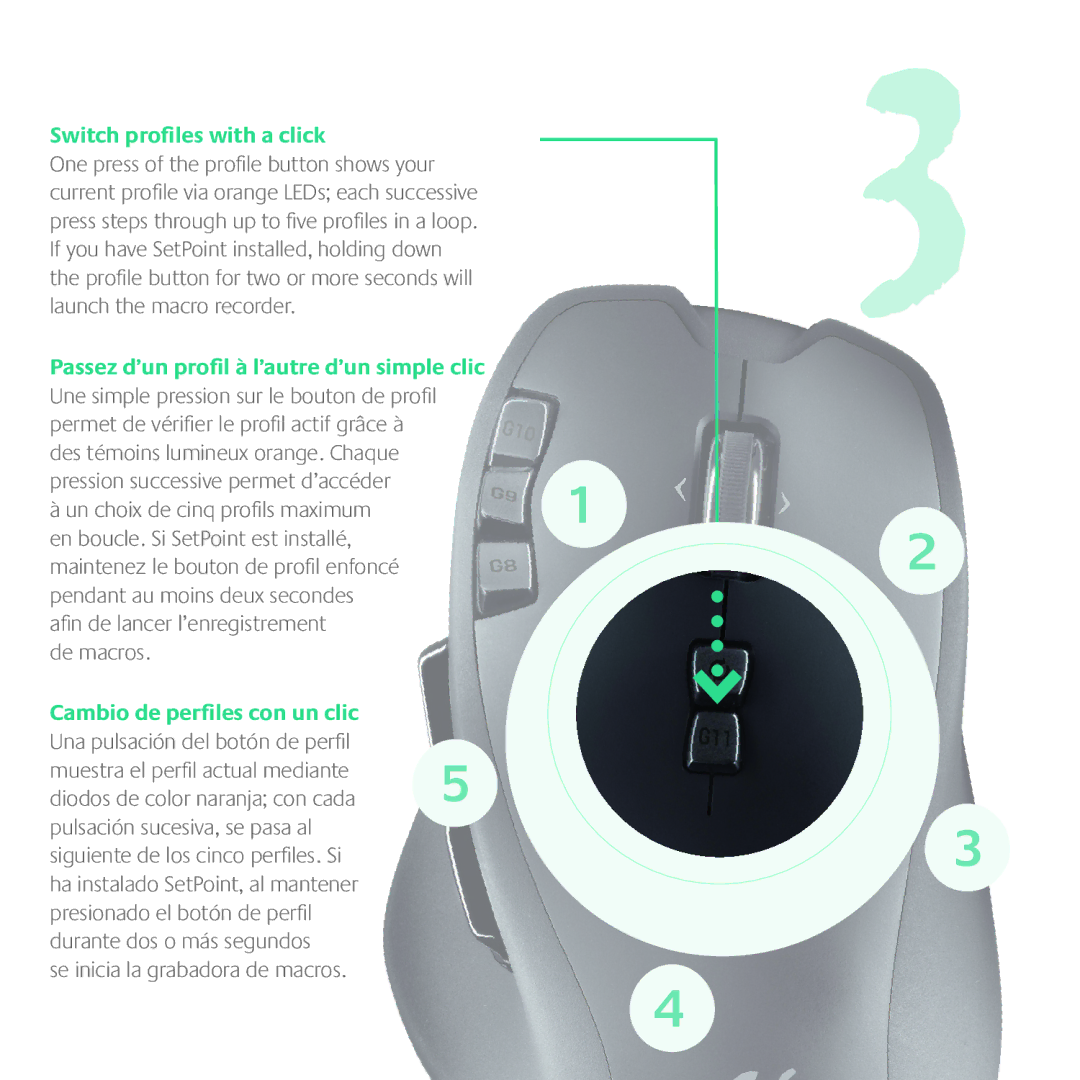 Logitech G700 manual Switch profiles with a click, Cambio de perfiles con un clic 