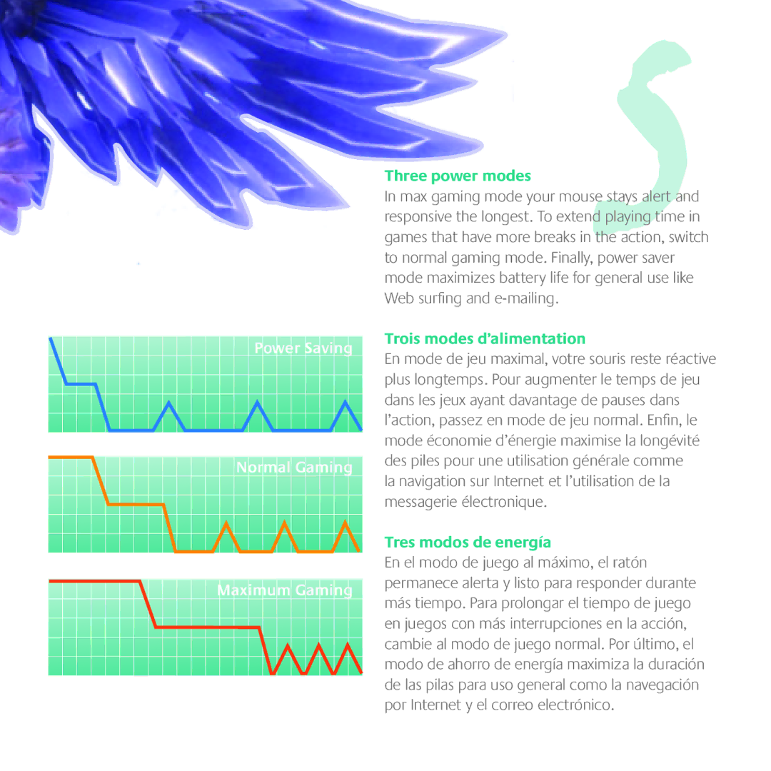 Logitech G700 manual Three power modes, Trois modes d’alimentation, Tres modos de energía 