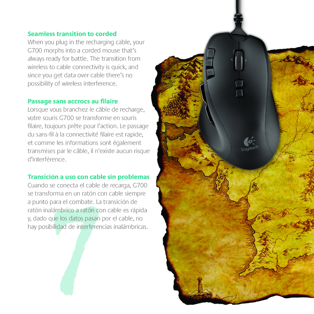 Logitech G700 manual Seamless transition to corded, Passage sans accrocs au filaire 