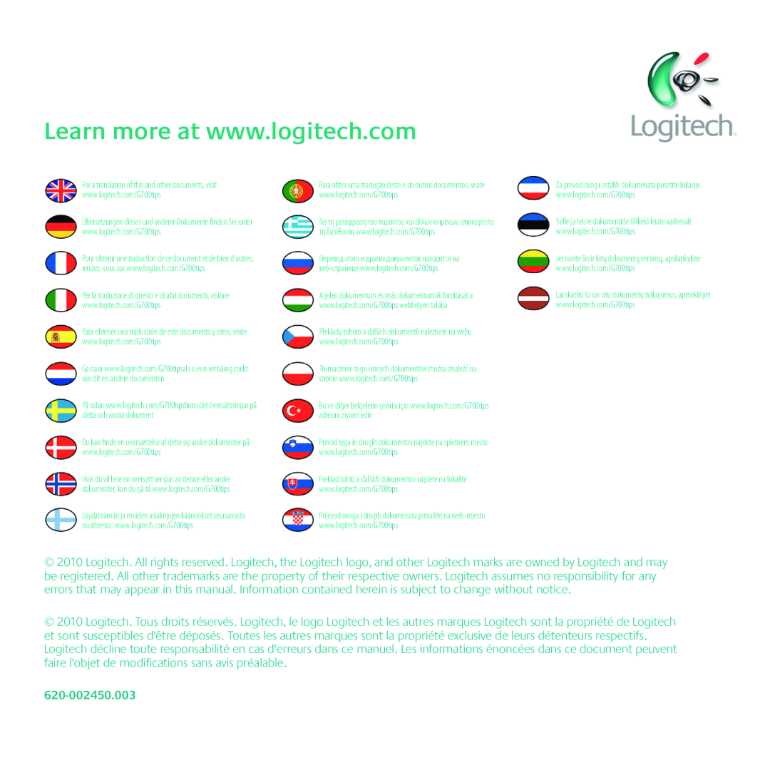 Logitech G700 manual 620-002450.003, For a translation of this and other documents, visit 