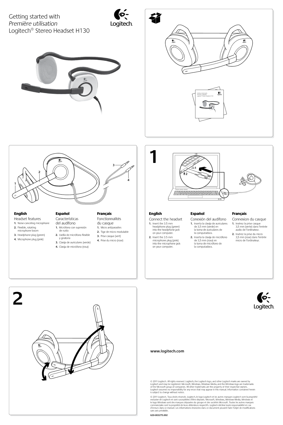 Logitech H130 manual English Español, Français 