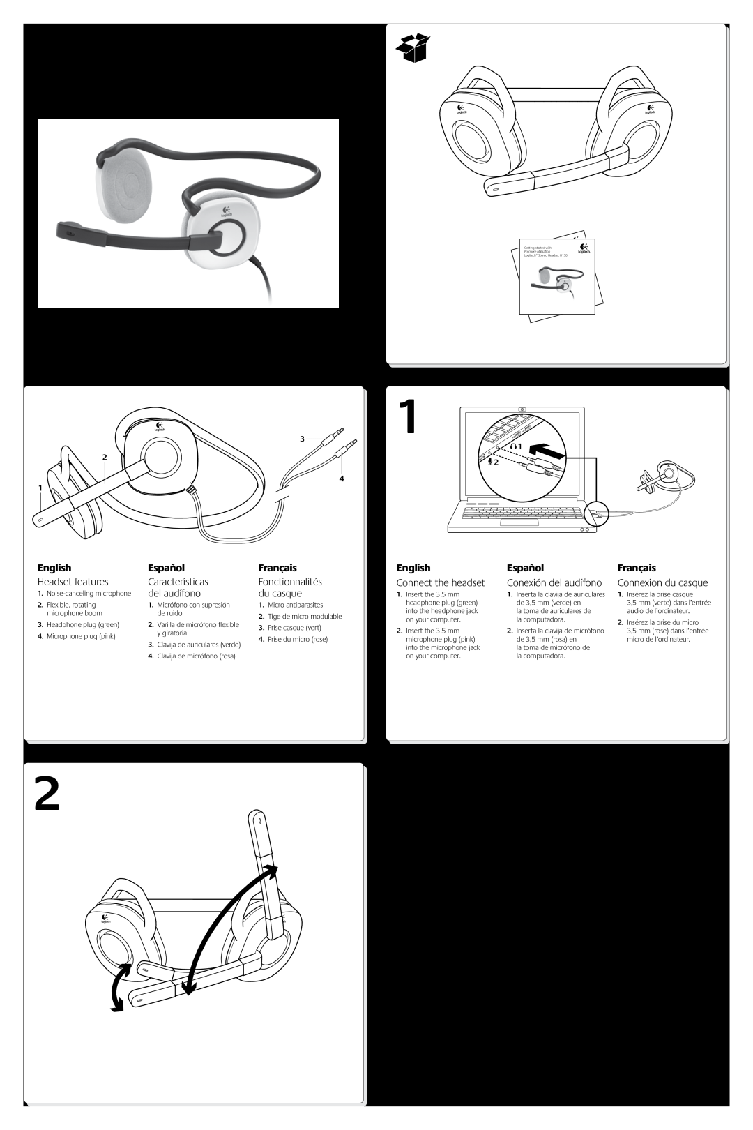 Logitech H130 manual English, Español, Headset features, Características, del audífono, Français, Connect the headset 