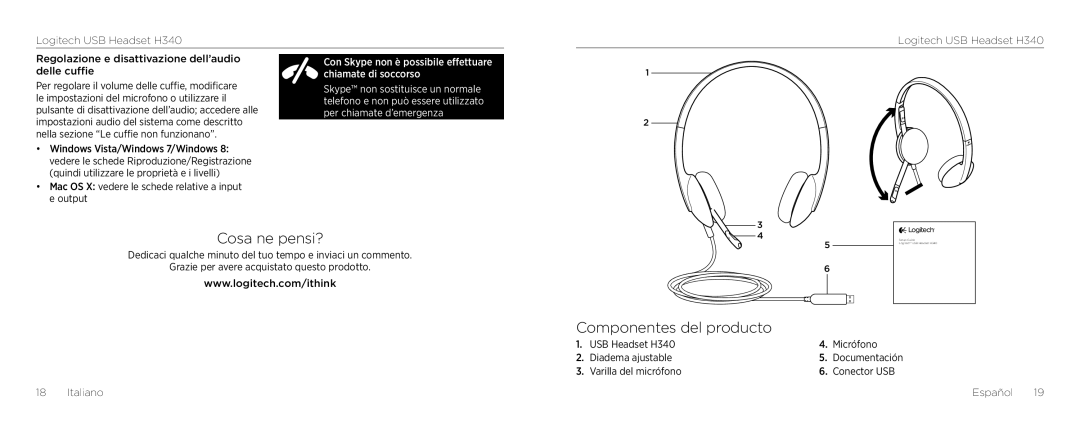 Logitech H340 Cosa ne pensi?, Componentes del producto, Chiamate di soccorso, Telefono e non può essere utilizzato 