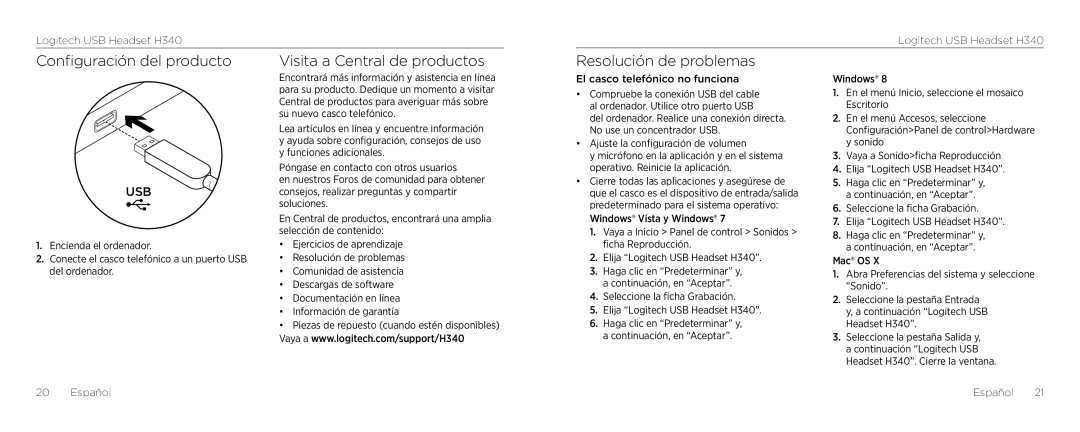 Logitech H340 Configuración del producto Visita a Central de productos, Resolución de problemas, Español Español 21 