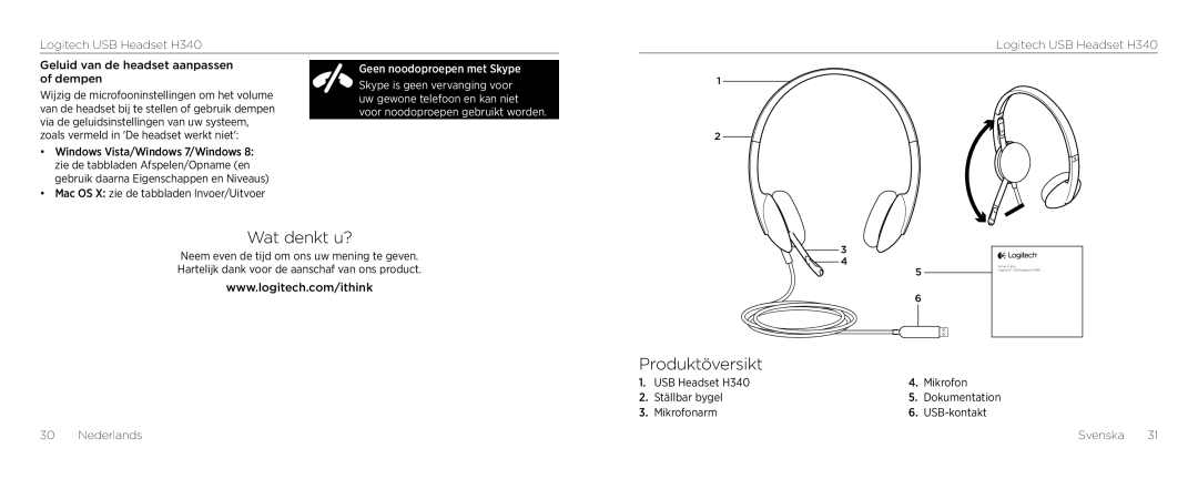 Logitech H340 setup guide Wat denkt u?, Produktöversikt, Geen noodoproepen met Skype, Skype is geen vervanging voor 