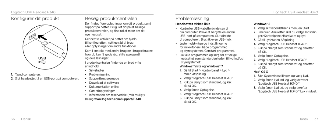 Logitech H340 setup guide Konfigurer dit produkt Besøg produktcentralen, Problemløsning, Dansk Dansk 37 