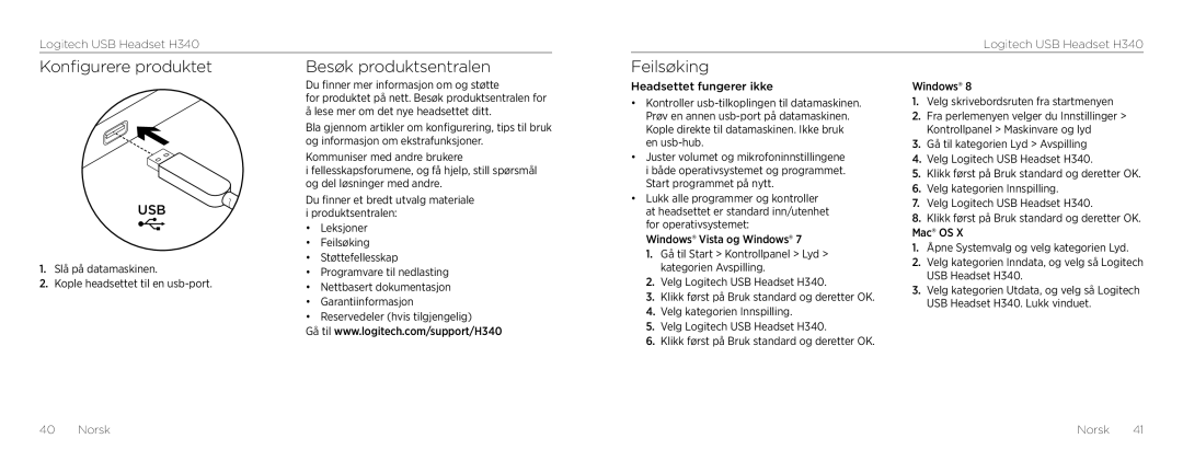 Logitech H340 setup guide Konfigurere produktet, Besøk produktsentralen, Feilsøking, Norsk Norsk 41 