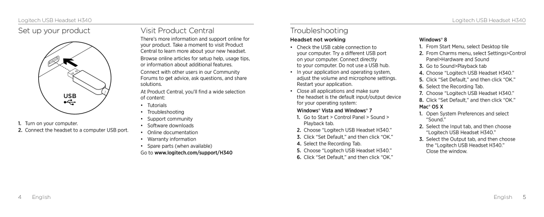 Logitech setup guide Set up your product Visit Product Central, Troubleshooting, Logitech USB Headset H340 