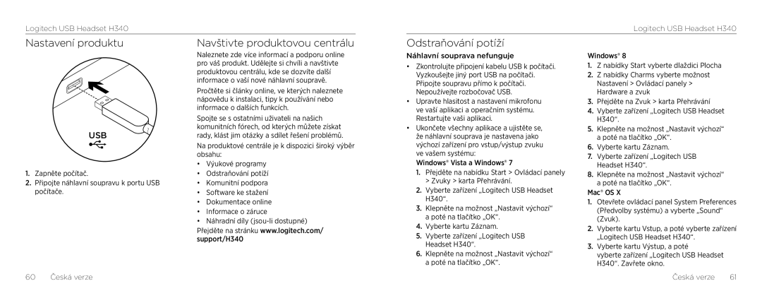 Logitech H340 setup guide Nastavení produktu Navštivte produktovou centrálu, Odstraňování potíží 