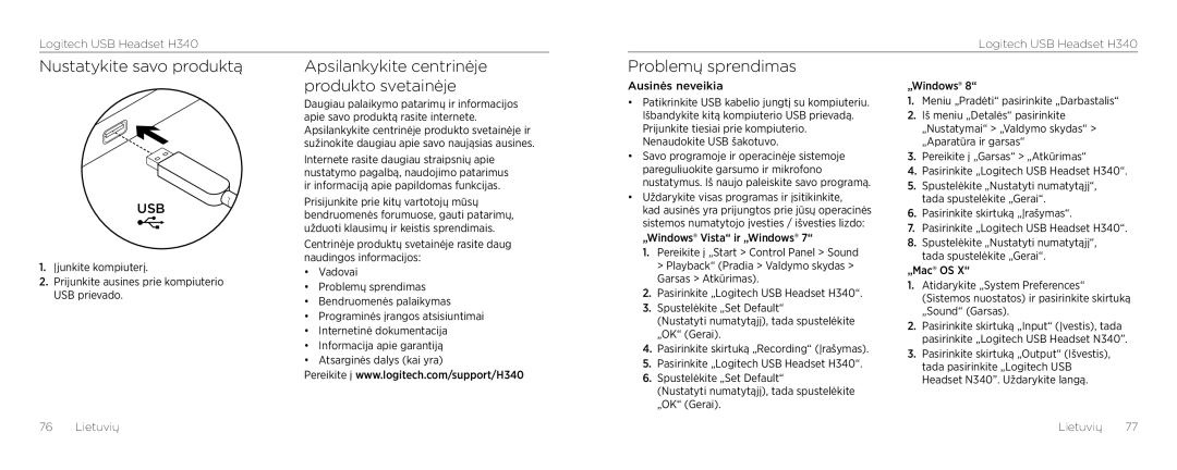 Logitech H340 setup guide Ausinės neveikia „Windows, Uždarykite visas programas ir įsitikinkite, Lietuvių Lietuvių 77 