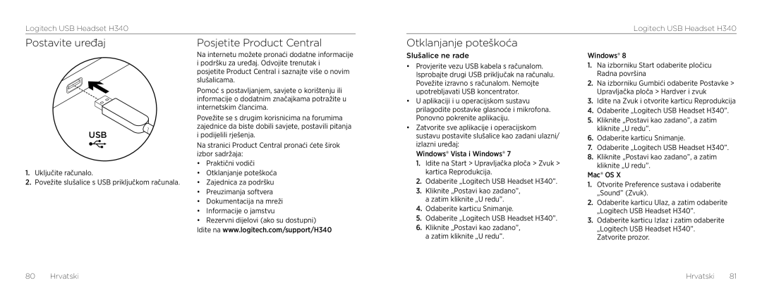 Logitech H340 setup guide Postavite uređaj Posjetite Product Central, Otklanjanje poteškoća 